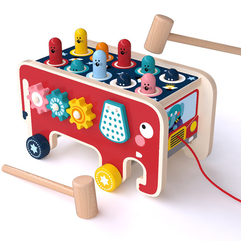Jouet Montessori en bois à marteler en forme de bus animalier
